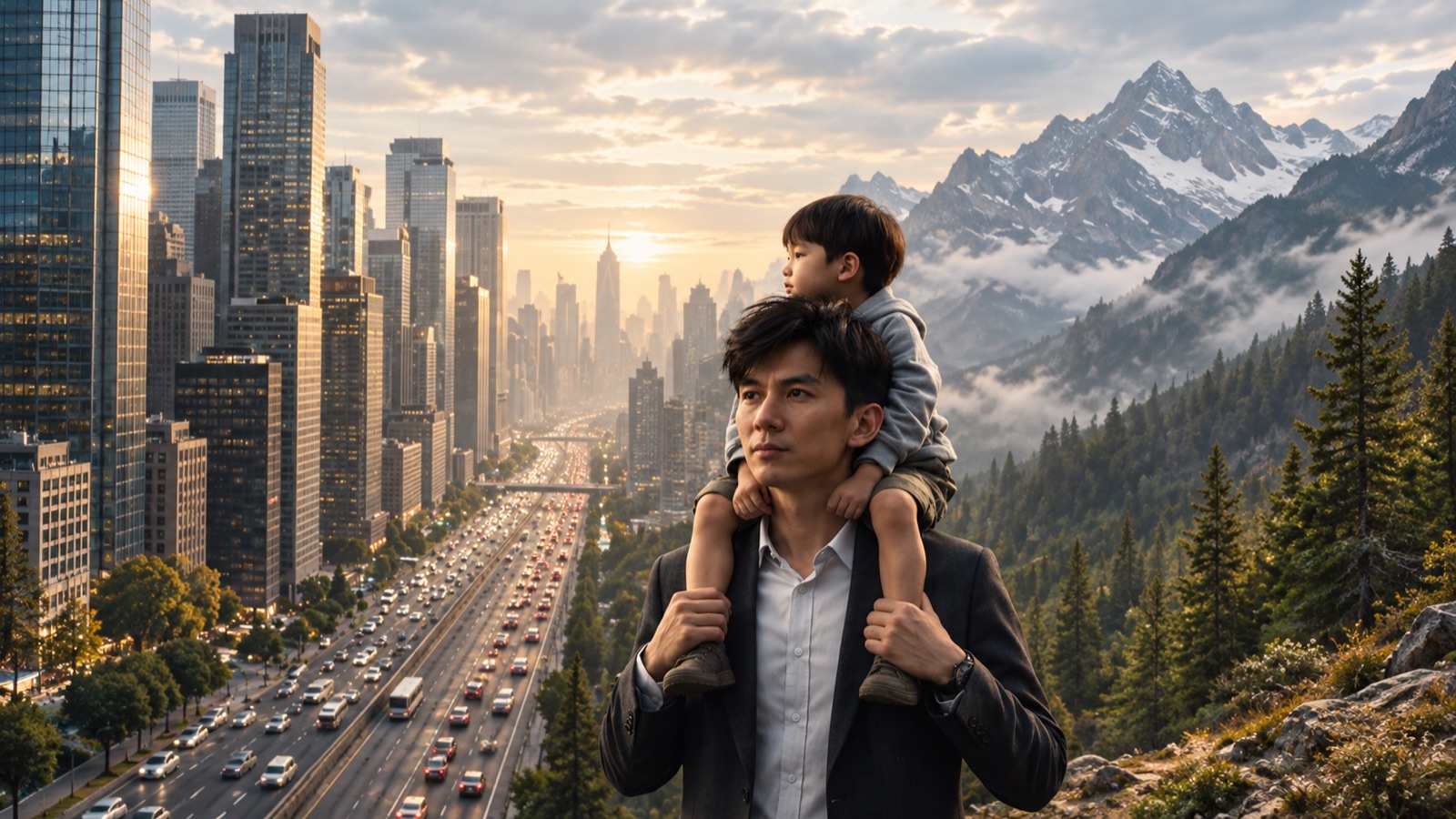 A father carrying his son on his shoulders, city on one side and mountains on the other
