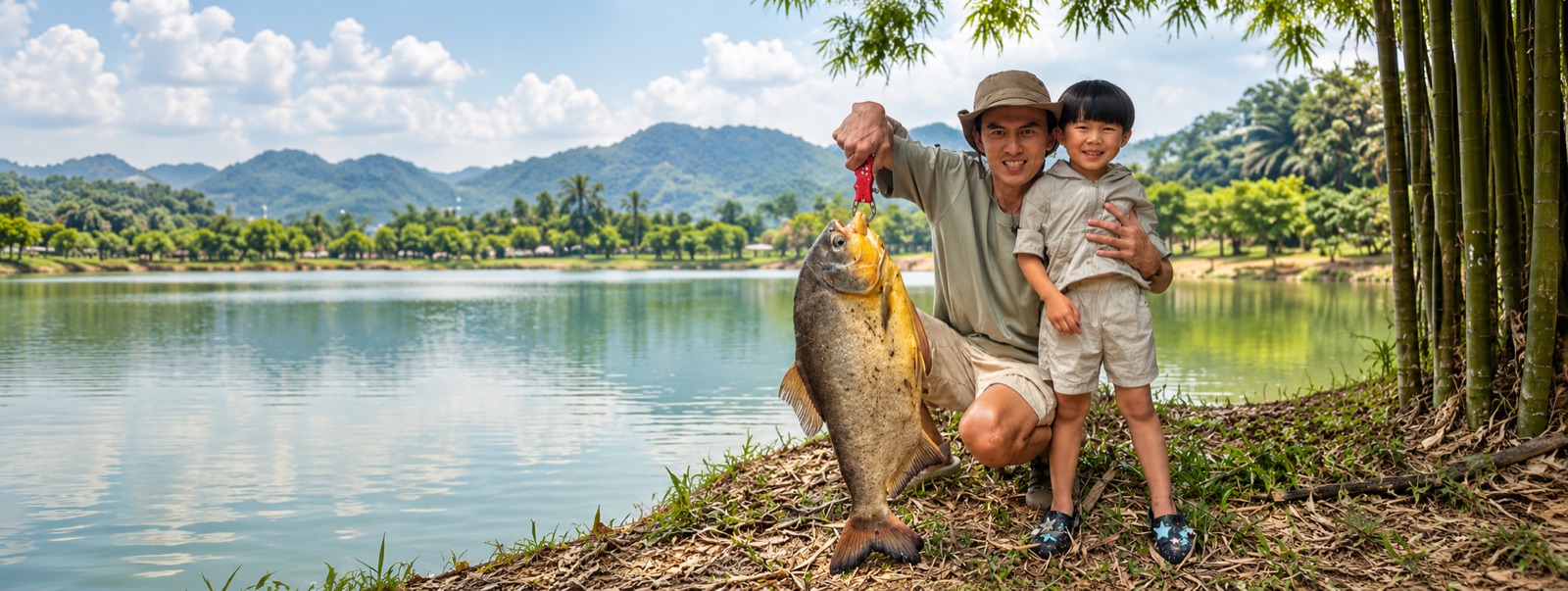 A father and his young son by a lake, holding up the big fish they caught
