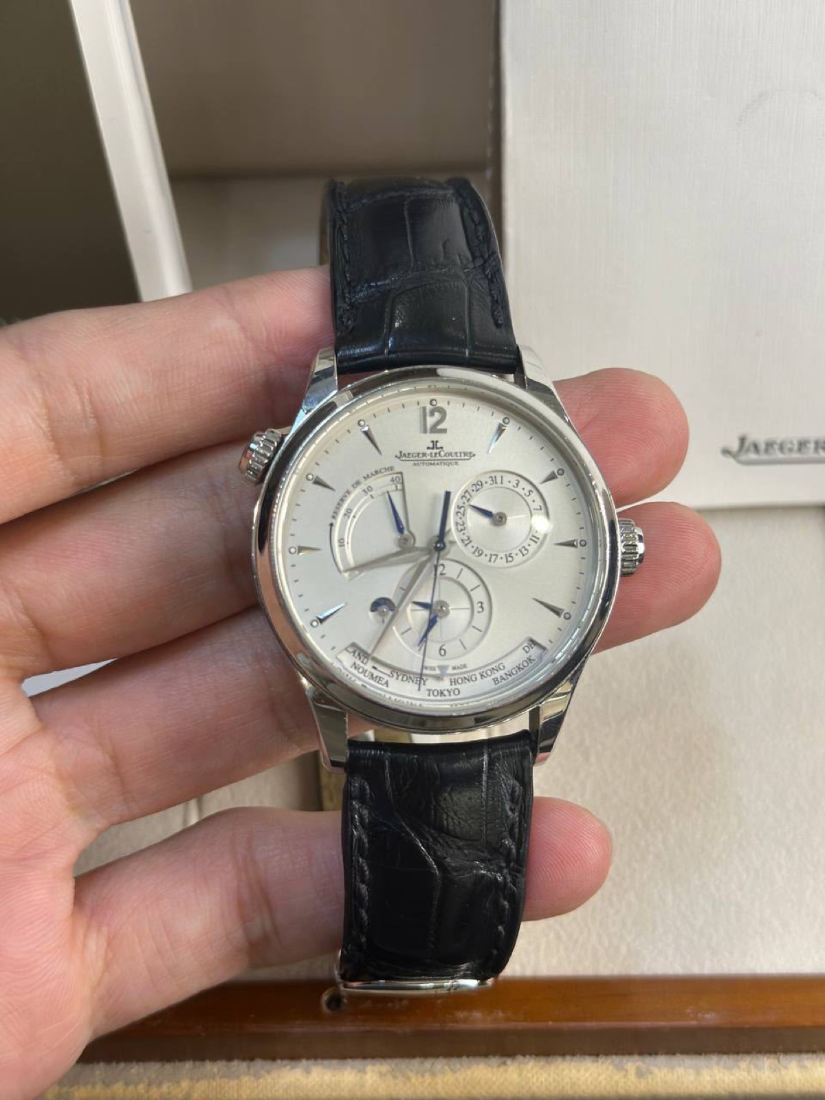 Jaeger-LeCoultre Master Control on alligator strap, held in hand